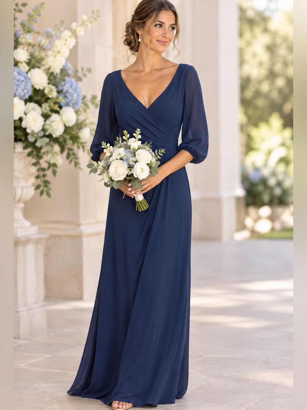 Maxi Long Dress navy blue Gown sheer sleeves Formal Prom dress Miss Cristina